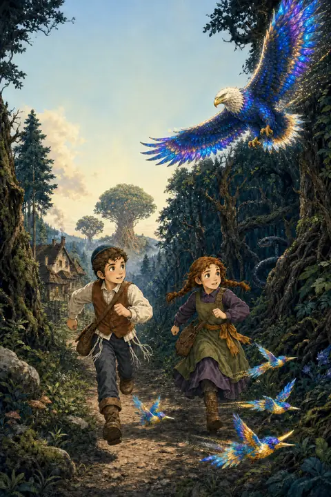 Illustration du tome 1 : Moishy et son amie Rivkie courent sur un sentier de forêt sous un aigle aux plumes de joyaux