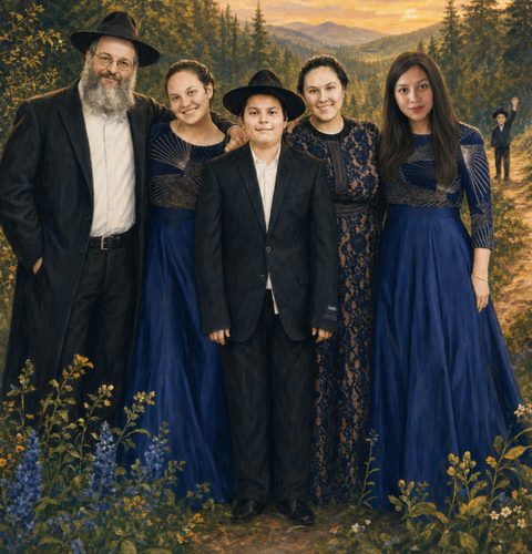 Painted portrait of Haim Tebeka with his family, standing together on a forest path at sunset